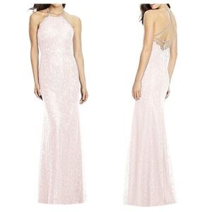 NWT | Dessy Collection Halter Criss Cross Open-Back Lace Trumpet Gown Size 14